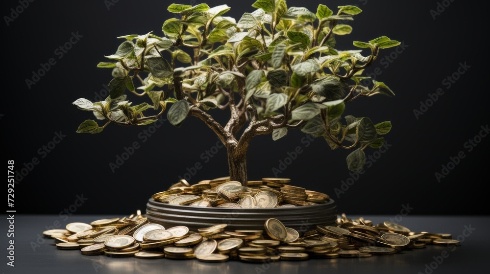 Aufkleber Hyper-realistic scene presenting a tree on a white background symbolizing the potency of capital growth positioned next to a coin. Lifelike and detailed representation illustrating the intertwining of