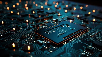 Obraz premium Electronic circuit board close up. Circuit board background. CPU chip on Motherboard. Abstract 3D render of a processor computer chip on a cicuit board with microchips and other computer parts. 