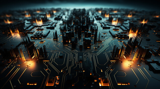 Electronic circuit board close up. Circuit board background. CPU chip on Motherboard. Abstract 3D render of a processor computer chip on a cicuit board with microchips and other computer parts. 