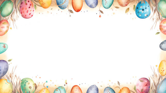 Watercolor style painted Easter eggs on white background, copy space for text. Postcard or banner