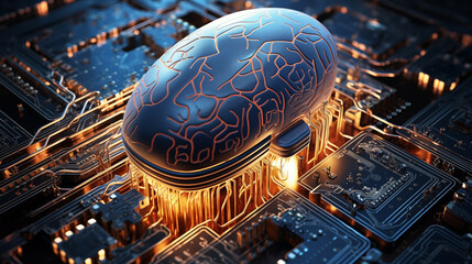 Artificial intelligence and big data concept. Human brain glowing from processor, symbolizing the fusion of human intelligence and machine learning capabilities. Evolution of technology of data.