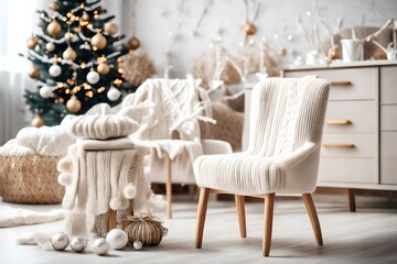 A stack of knitted sweaters and christmas decoration on chair. Interior of the living room. The concept of winter comfort and cozy. White scandinavian interior. Hello winter card