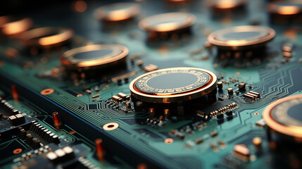 Fototapeta na wymiar Electronic circuit board close up. CPU chip on Motherboard. Abstract 3D render of a processor computer chip on a cicuit board with microchips and other computer parts.