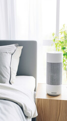 Air purifier in cozy white bedroom for filter and cleaning removing dust PM2.5 HEPA and virus in home.