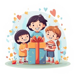 hand drawn illustration of cute kids with a gift box 
