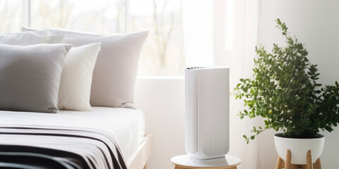 Air purifier in cozy white bedroom for filter and cleaning removing dust PM2.5 HEPA and virus in home.