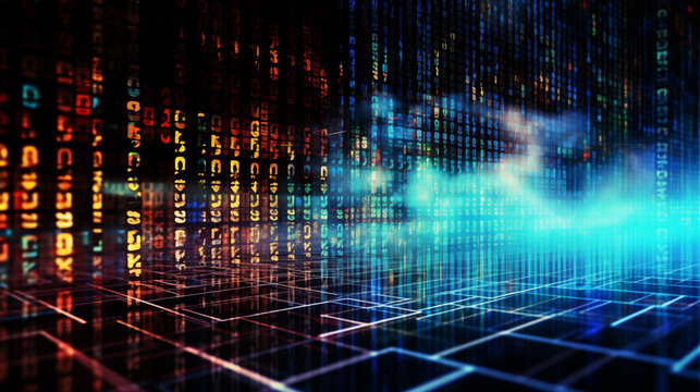 Binary code with digital effects wallpaper or banner. SQL (Structured Query Language) code on computer monitor and server room background. Example of SQL code to query data from a database.