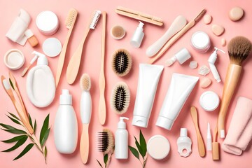 Fototapeta na wymiar Set of eco cosmetics products and tools for shower or Bamboo toothbrush, natural brush, white bottles, towel accessories for body, face and teeth care on pink background. Top view Flat lay