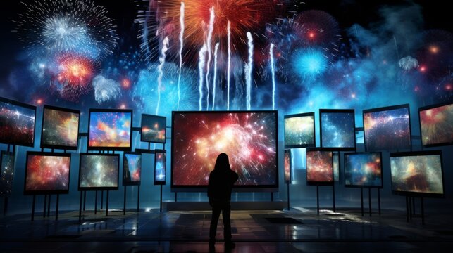 Interactive Digital Installation Allowing Users To Create Virtual Fireworks Displays. Generative AI