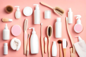 Set of eco cosmetics products and tools for shower or  Bamboo toothbrush, natural brush, white bottles, towel accessories for body, face and teeth care on pink background. Top view Flat lay