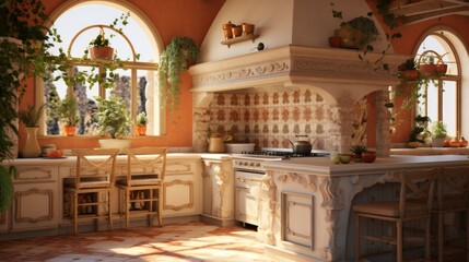 Fototapeta na wymiar Intricate photorealism presenting a Mediterranean-inspired kitchen with warm tones, terracotta tiles, and ornate details. Generative AI