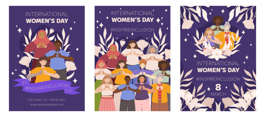 IWD Inspire Inclusion campaign, International Women's Day 2024 Poster collection features a diversity of women making the heart gesture with their hands. Vector hand drawn illustration in flat style