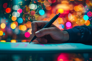 Close-up photo of a businessman's hand writing a business plan in a notepad while sitting at the table. A man plans a daily meeting on a schedule calendar. Time management. Bokeh background
