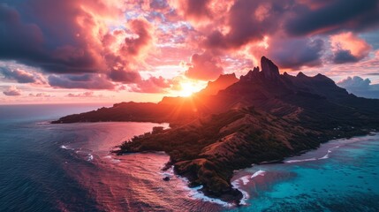 Island silhouette, drone's vantage, fading sunlight, coastal charm, detailed and vivid sunset in French Polynesia Generative AI - obrazy, fototapety, plakaty