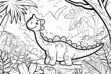 Dryosaurus Dinosaur Black White Linear Doodles Line Art Coloring Page, Kids Coloring Book