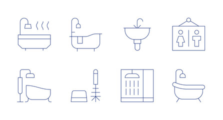 Bathroom icons. Editable stroke. Containing bathtub, toiletbrush, sink, shower, bathroom.