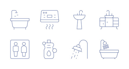 Bathroom icons. Editable stroke. Containing bathtub, toilets, handdryer, bottle, sink, shower, bathroom.