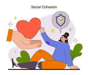 Social Cohesion concept. A nurturing hand offers a heart, symbolizing community support and trust. Illustration of collective care and the bonds that unite society. Flat vector illustration.