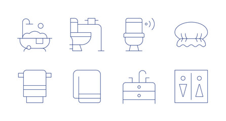 Bathroom icons. Editable stroke. Containing bathtub, towel, toilet, sink, showercap, wc.