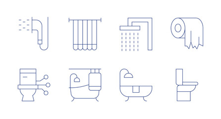 Bathroom icons. Editable stroke. Containing shower, toilet, showercurtains, bathtub, bath, toiletpaper, wc.