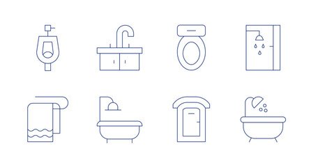 Bathroom icons. Editable stroke. Containing toilet, towel, sink, shower, portabletoilet, bathtub.
