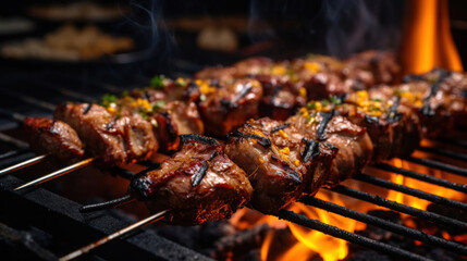 Appetizing, Succulent and delicious grilled meat skewers on the bbq rack.