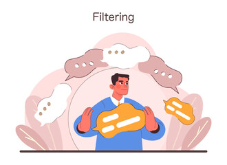 Filtering concept. Confident man skillfully sorting through a flow of information bubbles. Organized thought process in the digital age. Navigating data with ease. Flat vector illustration