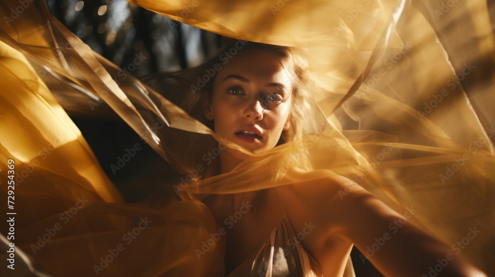 Poster Layers of translucent overlays crafting an abstract and dynamic visual. beautiful girl in the center Generative AI