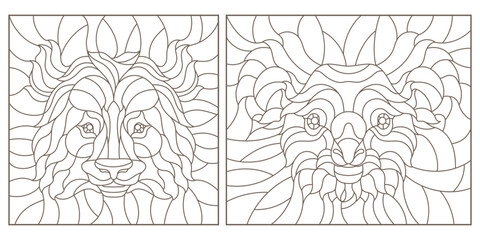 A set of contour illustrations in the style of stained glass with portraits of pandas and koalas, dark contours on a white background