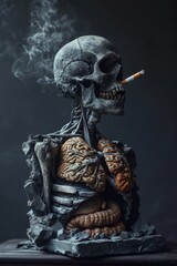 A human skeleton smoking a cigarette. Smoking kills - obrazy, fototapety, plakaty