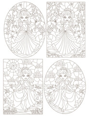 Set of contour illustrations of stained glass with princesses on a background of flowers, dark contours on a white background