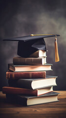 Graduation hat and stack of study books. Concept of education and graduation.