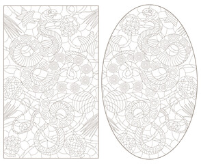 A set of contour illustrations in the style of stained glass with abstract snakes, dark contours on a white background