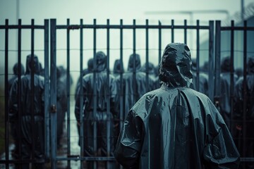 Naklejka premium gesture of humanity before the men who emigrate, wearing raincoats in the rain