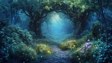 Magical fantasy event backdrop, enchanted forest, mythical creatures, and whimsical elements, great for fantasy-themed content Generative AI
