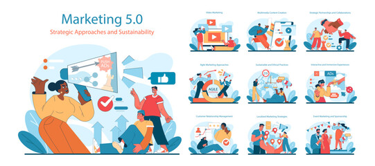 Marketing 5.0 set. Modern strategies in digital advertising, content creation, and customer engagement. Diverse team collaboration for sustainable growth. Vector illustration.