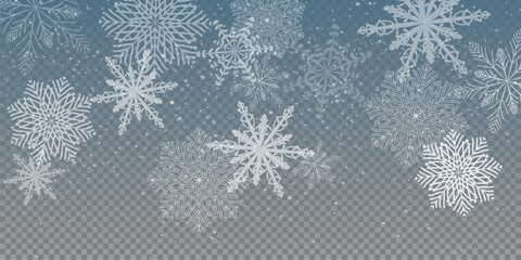 Fototapeta na wymiar Christmas background with small falling snowflakes. Snow storm effect, blurred, cold wind with snow png. Holiday powder snow for cards, invitations, banners, advertising.