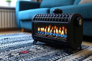 Small gas heater in the room. Gas boiler flame close-up. Small pilot flame for gas oven. Constant blue flame to ignite the main burners behind the safety grill. Fantasy. Humor. Copy space - obrazy, fototapety, plakaty