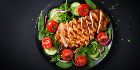 Grilled chicken breast, fillet and fresh vegetable salad of lettuce, arugula, spinach, cucumber and tomato. Healthy lunch menu. Top view.