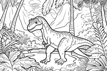 Heterodontosaurus Dinosaur Black White Linear Doodles Line Art Coloring Page, Kids Coloring Book