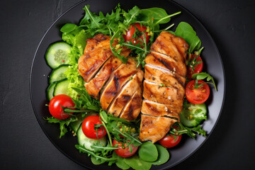 Grilled chicken breast, fillet and fresh vegetable salad of lettuce, arugula, spinach, cucumber and tomato. Healthy lunch menu. Top view.