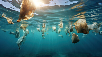Plastic bags polluting the oceans and endangering marine life. - obrazy, fototapety, plakaty
