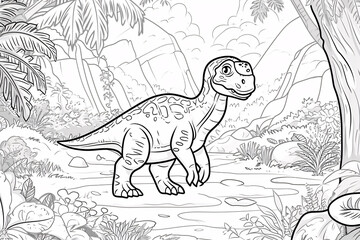 Heterodontosaurus Dinosaur Black White Linear Doodles Line Art Coloring Page, Kids Coloring Book