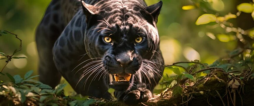 Ferocious black panther crawling up on its prey
