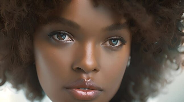 Close-up of a beautiful ebony model with brown eyes and curly brown hair