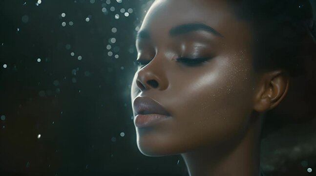 Close-up of a beautiful ebony model with glimmering makeup as she closes her eyes