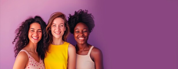 three diverse woman isolated on purple background international women's day and feminist movement illustration, March 8 for feminism, independence, freedom, empowerment, and activism for women rights