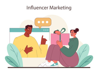 Influencer Marketing concept. A visual representation of influencer partnerships, spotlighting the collaborative approach to brand promotion and consumer engagement. Flat vector illustration.