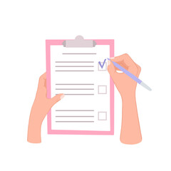 check list, task management, hands holding a folder and pen. Vector Illustration for backgrounds and packaging. Image can be used for greeting card, poster and sticker. Isolated on white background.