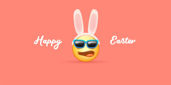 Naklejki Happy easter funny horizontal banner with cartoon 3d smile face with rabbit ears and sunglasses isolated on pink background. Vector 3d square happy eater poster, flyer, banner, label and background